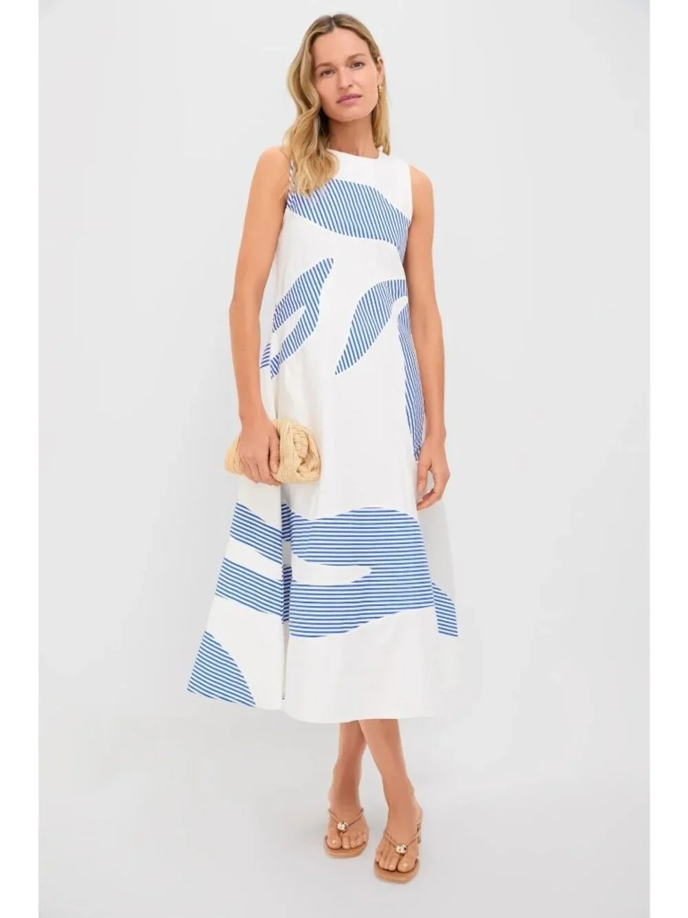 LOVE BIRDS Striped Plantscape Dress Ivory Linear Cobalt Blue Size Large NWT - Picture 2 of 9